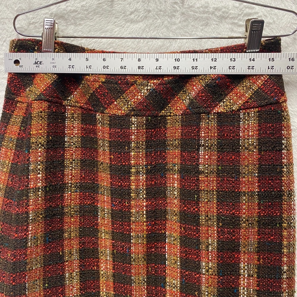 Dressbarn Tweed Short Skirt Wool Blend Sz 8 Brown Plaid Buttons Equestrian Fall - Picture 4 of 9